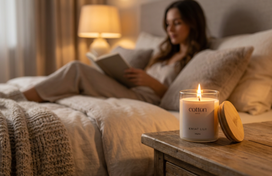 świeca sojowa cotton wick w sypialni, w tle kobieta która czyta książkę